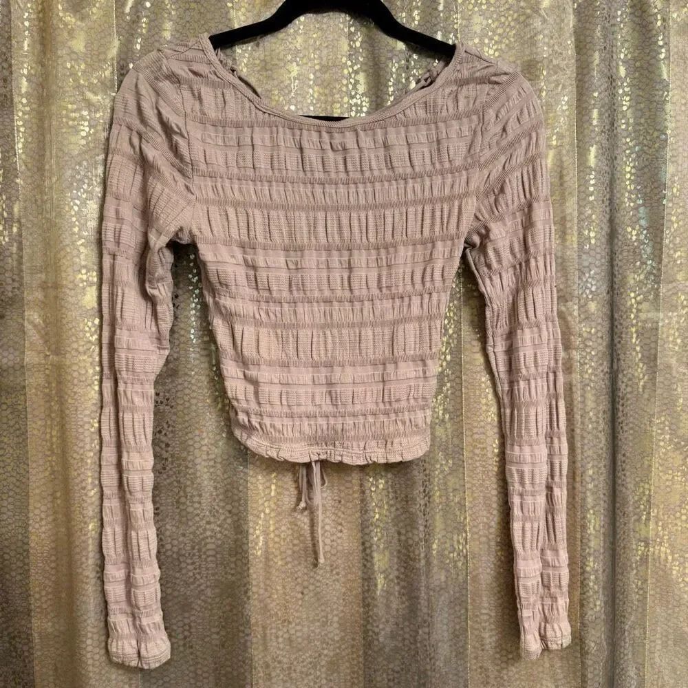 Free People Nude Tan Ruched Lace UpโBack Long Sleeve Top XS